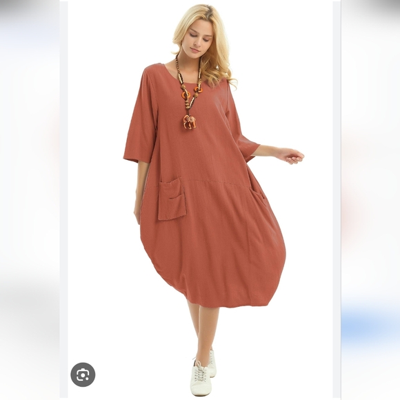 Anysize Soft Linen Cotton Lantern Loose Dress Brownish Red Pullover Minimalist